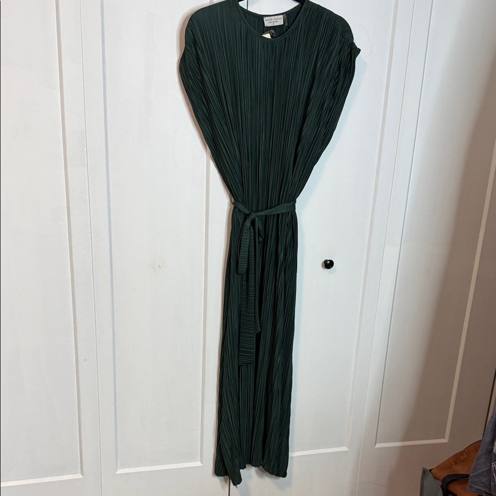 Elegant Sleeveless Pleated Maxi Dress with Self-Tie Waist - Dark Green - Picture 2 of 7